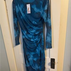 Blue Floral Ruched Long-Sleeve Maxi Dress